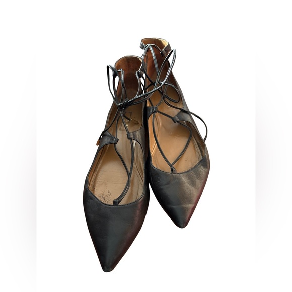 AQUAZZURA Black Leather Lace Up Pointed Toe Christy Flats 🇮🇹 - size 9 / EU 40 - Picture 3 of 7